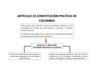 ARTÍCULO 23 CONSTITUCIÓN POLÍTICA DE 
                        COLOMBIA
                 Toda  persona  tiene  derecho  a  presentar  peticiones  respetuosas  a  las 
                 autoridades  por  motivos  de  interés  general  o  particular  y  a  obtener 
                 pronta resolución.

                 El legislador podrá reglamentar su ejercicio ante organizaciones privadas 
                 para garantizar los derechos fundamentales.




                                        Sentencia T 508 de 2007
                                  Finalidades del derecho de petición



Permite a los interesados elevar peticiones                Asegura  una  respuesta  oportuna,  eficaz,  de  fondo  y 
o solicitudes respetuosas a las autoridades                congruente  con  lo  solicitado,  imponiendo  de  este 
               administrativas                             modo, una obligación a cargo de la administración”.
 