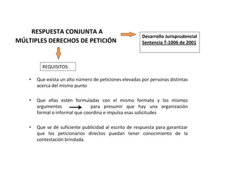 RESPUESTA CONJUNTA A 
                                                             Desarrollo Jurisprudencial
MÚLTIPLES DERECHOS DE PETICIÓN                               Sentencia T‐1006 de 2001



          REQUISITOS:

    •   Que exista un alto número de peticiones elevadas por personas distintas 
        acerca del mismo punto

    •   Que  ellas  estén  formuladas  con  el  mismo  formato  y  los  mismos 
        argumentos               para  presumir  que  hay  una  organización 
        formal o informal que coordina e impulsa esas solicitudes

    •   Que se  dé suficiente publicidad al  escrito  de  respuesta  para  garantizar 
        que  los  peticionarios  directos  puedan  tener  conocimiento  de  la 
        contestación brindada.
 