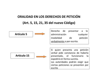 ORALIDAD EN LOS DERECHOS DE PETICIÓN
      (Art. 5, 15, 21, 35 del nuevo Código)

                         Derecho  de  presentar  a  la 
Artículo 5               administración            cualquier 
                         modalidad       de         petición  
                         verbalmente o por escrito.


                         Si  quien  presenta  una  petición 
                         verbal  pide  constancia  de  haberla 
Artículo 15              presentado,  el  funcionario  la 
                         expedirá en forma sucinta. 
                         Las  autoridades  podrán  exigir  que 
                         ciertas  peticiones  se  presenten  por 
                         escrito
 