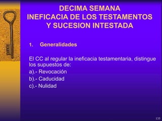 1. Generalidades
El CC al regular la ineficacia testamentaria, distingue
los supuestos de:
a).- Revocación
b).- Caducidad
c).- Nulidad
135
DECIMA SEMANA
INEFICACIA DE LOS TESTAMENTOS
Y SUCESION INTESTADA
 