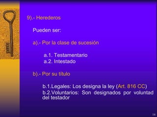 9).- Herederos
Pueden ser:
a).- Por la clase de sucesión
a.1. Testamentario
a.2. Intestado
b).- Por su título
b.1.Legales: Los designa la ley (Art. 816 CC)
b.2.Voluntarios: Son designados por voluntad
del testador
14
 