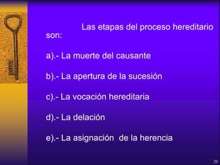 Las etapas del proceso hereditario
son:
a).- La muerte del causante
b).- La apertura de la sucesión
c).- La vocación hereditaria
d).- La delación
e).- La asignación de la herencia
20
 