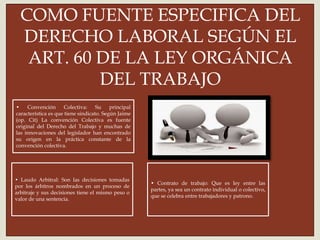
COMO FUENTE ESPECIFICA DEL
DERECHO LABORAL SEGÚN EL
ART. 60 DE LA LEY ORGÁNICA
DEL TRABAJO
• Convención Colectiva: Su principal
característica es que tiene sindicato. Según Jaime
(op. Cit) La convención Colectiva es fuente
original del Derecho del Trabajo y muchas de
las innovaciones del legislador han encontrado
su origen en la práctica constante de la
convención colectiva.
• Laudo Arbitral: Son las decisiones tomadas
por los árbitros nombrados en un proceso de
arbitraje y sus decisiones tiene el mismo peso o
valor de una sentencia.
• Contrato de trabajo: Que es ley entre las
partes, ya sea un contrato individual o colectivo,
que se celebra entre trabajadores y patrono.
 