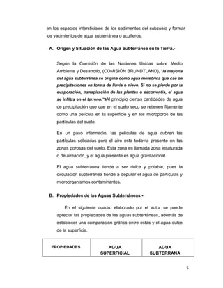 en los espacios intersticiales de los sedimentos del subsuelo y formar
los yacimientos de agua subterránea o acuíferos.
A. Origen y Situación de las Agua Subterránea en la Tierra.-

Según la Comisión de las Naciones Unidas sobre Medio
Ambiente y Desarrollo, (COMISIÓN BRUNDTLAND), “la mayoría
del agua subterránea se origina como agua meteórica que cae de
precipitaciones en forma de lluvia o nieve. Si no se pierde por la
evaporación, transpiración de las plantas o escorrentía, el agua
se infiltra en el terreno.”9Al principio ciertas cantidades de agua

de precipitación que cae en el suelo seco se retienen fijamente
como una película en la superficie y en los microporos de las
partículas del suelo.
En un paso intermedio, las películas de agua cubren las
partículas solidadas pero el aire esta todavía presente en las
zonas porosas del suelo. Esta zona es llamada zona insaturada
o de aireación, y el agua presente es agua gravitacional.
El agua subterránea tiende a ser dulce y potable, pues la
circulación subterránea tiende a depurar el agua de partículas y
microorganismos contaminantes.
B. Propiedades de las Aguas Subterráneas.En el siguiente cuadro elaborado por el autor se puede
apreciar las propiedades de las aguas subterráneas, además de
establecer una comparación gráfica entre estas y el agua dulce
de la superficie.

PROPIEDADES

AGUA
SUPERFICIAL

AGUA
SUBTERRANA
5

 