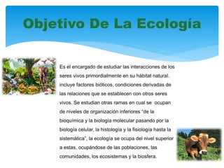 Objetivo De La Ecología
Es el encargado de estudiar las interacciones de los
seres vivos primordialmente en su hábitat natural.
incluye factores bióticos, condiciones derivadas de
las relaciones que se establecen con otros seres
vivos. Se estudian otras ramas en cual se ocupan
de niveles de organización inferiores “de la
bioquímica y la biología molecular pasando por la
biología celular, la histología y la fisiología hasta la
sistemática”, la ecología se ocupa del nivel superior
a estas, ocupándose de las poblaciones, las
comunidades, los ecosistemas y la biosfera.
 