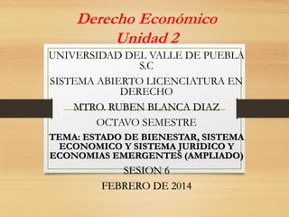 Derecho Económico
Unidad 2
UNIVERSIDAD DEL VALLE DE PUEBLA
S.C
SISTEMA ABIERTO LICENCIATURA EN
DERECHO
MTRO. RUBEN BLANCA DIAZ
OCTAVO SEMESTRE
TEMA: ESTADO DE BIENESTAR, SISTEMA
ECONOMICO Y SISTEMA JURIDICO Y
ECONOMIAS EMERGENTES (AMPLIADO)

SESION 6
FEBRERO DE 2014

 