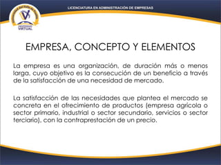 EMPRESA, CONCEPTO Y ELEMENTOS
La empresa es una organización, de duración más o menos
larga, cuyo objetivo es la consecución de un beneficio a través
de la satisfacción de una necesidad de mercado.
La satisfacción de las necesidades que plantea el mercado se
concreta en el ofrecimiento de productos (empresa agrícola o
sector primario, industrial o sector secundario, servicios o sector
terciario), con la contraprestación de un precio.
 