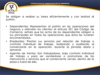 Se obligan a realizar su tarea eficientemente y con lealtad al
patrón.
• Dependientes: Representan al patrón en las operaciones del
negocio y atienden los clientes; el artículo 321 del Código de
Comercio, señala que los actos de los dependientes obligan a
sus principales en todas las operaciones que éstos les tuvieren
encomendados.
• Empleados: Prestan sus servicios por relación de trabajo o
contrato individual de trabajo, realizando y auxiliando al
comerciante en la operación, durante la jornada diaria y
semanal.
• Agentes de Ventas: Son trabajadores, bajo contrato individual
de trabajo y para ser vendedores o promotores de las
mercancías y servicios que el comerciante venda, dentro de la
plaza o fuera de ella.
 