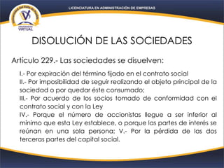 DISOLUCIÓN DE LAS SOCIEDADES
Artículo 229.- Las sociedades se disuelven:
I.- Por expiración del término fijado en el contrato social
II.- Por imposibilidad de seguir realizando el objeto principal de la
sociedad o por quedar éste consumado;
III.- Por acuerdo de los socios tomado de conformidad con el
contrato social y con la Ley
IV.- Porque el número de accionistas llegue a ser inferior al
mínimo que esta Ley establece, o porque las partes de interés se
reúnan en una sola persona; V.- Por la pérdida de las dos
terceras partes del capital social.
 