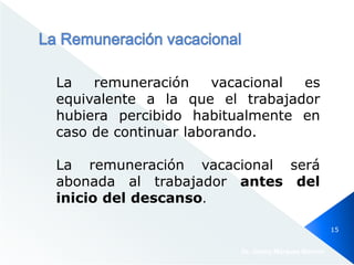 La remuneración vacacional es
equivalente a la que el trabajador
hubiera percibido habitualmente en
caso de continuar laborando.
La remuneración vacacional será
abonada al trabajador antes del
inicio del descanso.
Dr. Jimmy Márquez Moreno
15
 