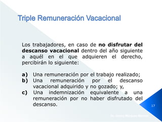 Los trabajadores, en caso de no disfrutar del
descanso vacacional dentro del año siguiente
a aquél en el que adquieren el derecho,
percibirán lo siguiente:
a) Una remuneración por el trabajo realizado;
b) Una remuneración por el descanso
vacacional adquirido y no gozado; y,
c) Una indemnización equivalente a una
remuneración por no haber disfrutado del
descanso.
Dr. Jimmy Márquez Moreno
17
 
