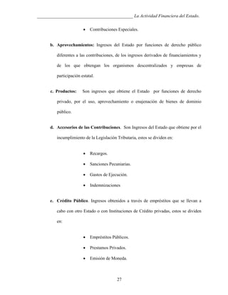 ___________________________________________ La Actividad Financiera del Estado.
•

Contribuciones Especiales.

b. Aprovechamientos: Ingresos del Estado por funciones de derecho público
diferentes a las contribuciones, de los ingresos derivados de financiamientos y
de los que obtengan los organismos descentralizados y empresas de
participación estatal.

c. Productos:

Son ingresos que obtiene el Estado por funciones de derecho

privado, por el uso, aprovechamiento o enajenación de bienes de dominio
público.

d. Accesorios de las Contribuciones. Son Ingresos del Estado que obtiene por el
incumplimiento de la Legislación Tributaria, estos se dividen en:
•

Recargos.

•

Sanciones Pecuniarias.

•

Gastos de Ejecución.

•

Indemnizaciones

e. Crédito Público. Ingresos obtenidos a través de empréstitos que se llevan a
cabo con otro Estado o con Instituciones de Crédito privadas, estos se dividen
en:
•

Empréstitos Públicos.

•

Prestamos Privados.

•

Emisión de Moneda.

27

 