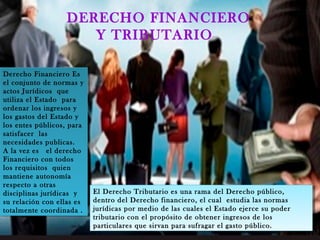 DERECHO FINANCIERO
Y TRIBUTARIO
Derecho Financiero Es
el conjunto de normas y
actos Jurídicos que
utiliza el Estado para
ordenar los ingresos y
los gastos del Estado y
los entes públicos, para
satisfacer las
necesidades publicas.
A la vez es el derecho
Financiero con todos
los requisitos quien
mantiene autonomía
respecto a otras
disciplinas jurídicas y
su relación con ellas es
totalmente coordinada .
Derecho Financiero Es
el conjunto de normas y
actos Jurídicos que
utiliza el Estado para
ordenar los ingresos y
los gastos del Estado y
los entes públicos, para
satisfacer las
necesidades publicas.
A la vez es el derecho
Financiero con todos
los requisitos quien
mantiene autonomía
respecto a otras
disciplinas jurídicas y
su relación con ellas es
totalmente coordinada .
El Derecho Tributario es una rama del Derecho público,
dentro del Derecho financiero, el cual estudia las normas
jurídicas por medio de las cuales el Estado ejerce su poder
tributario con el propósito de obtener ingresos de los
particulares que sirvan para sufragar el gasto público.
El Derecho Tributario es una rama del Derecho público,
dentro del Derecho financiero, el cual estudia las normas
jurídicas por medio de las cuales el Estado ejerce su poder
tributario con el propósito de obtener ingresos de los
particulares que sirvan para sufragar el gasto público.
 