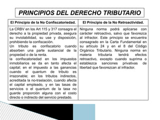 PRINCIPIOS DEL DERECHO TRIBUTARIO
El Principio de la No Confiscatoriedad. El Principio de la No Retroactividad.
La CRBV en los Art 115 y 317 consagra el
derecho a la propiedad privada, asegura
su inviolabilidad, su use y disposición,
prohibiendo la confiscación.
Un tributo es confiscatorio cuando
absorben una parte sustancial de la
propiedad o de la renta.
la confiscatoriedad en los impuestos
inmobiliarios se da en tanto afecta el
capital; en el impuesto a las ganancias
cuando el quantum de tributo es
irrazonable; en los tributos indirectos,
acreditada la no-traslación, cuando afecta
el capital empleado, y en las tasas de
servicios o el quantum de la tasa no
guarde proporción alguna con el costo
directo o indirecto del servicio prestado.
Ninguna norma podrá aplicarse con
carácter retroactivo, salvo que favorezca
al infractor. Este principio se encuentra
consagrado en la Carta Fundamental en
su artículo 24 y en el 8 del Código
Orgánico Tributario. Ninguna norma en
materia tributaria tendrá efectos
retroactivo, excepto cuando suprima o
establezca sanciones privativas de
libertad que favorezcan al infractor.
 