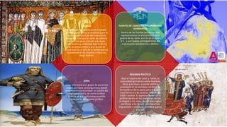 FAMILIA
El concepto de familia para el pueblo
primitivo germánico se establecía por la
conceptualización de del matrimonio
polígamo, esto por la razón de nobleza
se permitía tener más de una mujer,
esta acción se celebraba bajo la forma
de un pacto similar a una acción de
compraventa, el jefe de la familia ejercía
la potestad de las mujeres e hijos con
rango vitalicio.
FUENTES DE CONOCIMENTO PRIMITIVO
GERMANICO
Dentro de las fuentes primitivas más
representativas se encuentra el de la
guerra de las dalias escrita en el siglo I
A.C , y que hablan principalmente del
matrimonio, testamentos y delitos.
SIPPE
Hace referencia a un grupo de parientes
unidos por lazos consanguíneos, donde
este mismo estructuraban un núcleo del
régimen político, así como jurídico
privado ya que está comprometido
como parte del sistema jurídico.
RÉGIMEN POLÍTICO
Bajo el imperio del cesar y Tácito, la
comunidad germánica existe hombres
libres y esclavos, el poder político
prevalecía en la asamblea nacional de
los hombres libres aptos para la guerra
cuya forma era de carácter demócrata
tribal – militar. El supremo poder de la
política residía en las asambleas donde
se elegían a los reyes, donde ejecutaban
sacrificios a los dioses, acordaban las
migraciones y donde se decidía la guerra
o la paz.
 