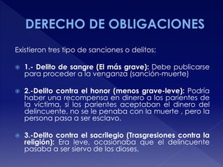 Existieron tres tipo de sanciones o delitos:
 1.- Delito de sangre (El más grave): Debe publicarse
para proceder a la venganza (sanción-muerte)
 2.-Delito contra el honor (menos grave-leve): Podría
haber una recompensa en dinero a los parientes de
la víctima, si los parientes aceptaban el dinero del
delincuente, no se le penaba con la muerte , pero la
persona pasa a ser esclavo.
 3.-Delito contra el sacrilegio (Trasgresiones contra la
religión): Era leve, ocasionaba que el delincuente
pasaba a ser siervo de los dioses.
 