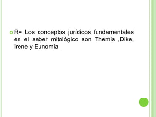 R= Los conceptos jurídicos fundamentales en el saber mitológico son Themis ,Dike, Irene y Eunomia.