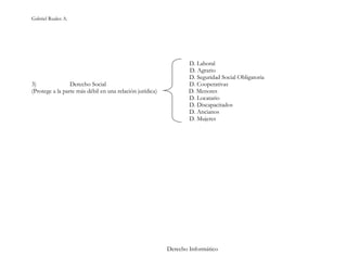 Gabriel Ruales A.




                                                                  D. Laboral
                                                                  D. Agrario
                                                                  D. Seguridad Social Obligatoria
3)               Derecho Social                                   D. Cooperativas
(Protege a la parte más débil en una relación jurídica)           D. Menores
                                                                  D. Locatario
                                                                  D. Discapacitados
                                                                  D. Ancianos
                                                                  D. Mujeres




                                                          Derecho Informático
 
