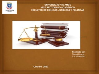 Realizado por:
Nayari Linarez
C.I. 27.868.091
Octubre 2020
UNIVERSIDAD YACAMBU
VICE RECTORADO ACADEMICO
FACULTAD DE CIENCIAS JURIDICAS Y POLITICAS
 