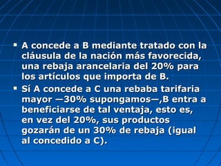  A concede a B mediante tratado con laA concede a B mediante tratado con la
cláusula de la nación más favorecida,cláusula de la nación más favorecida,
una rebaja arancelaria del 20% parauna rebaja arancelaria del 20% para
los artículos que importa de B.los artículos que importa de B.
 Sí A concede a C una rebaba tarifariaSí A concede a C una rebaba tarifaria
mayor —30% supongamos—,B entra amayor —30% supongamos—,B entra a
beneficiarse de tal ventaja, esto es,beneficiarse de tal ventaja, esto es,
en vez del 20%, sus productosen vez del 20%, sus productos
gozarán de un 30% de rebaja (igualgozarán de un 30% de rebaja (igual
al concedido a C).al concedido a C).
 
