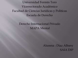 Universidad Fermín Toro
Vicerrectorado Académico
Facultad de Ciencias Jurídicas y Políticas
Escuela de Derecho
Derecho Internacional Privado
MAPA Mental
Alumna : Diaz Albany
SAIA DIP
 