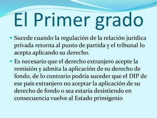 El Primer grado
 Sucede cuando la regulación de la relación jurídica
privada retorna al punto de partida y el tribunal lo
acepta aplicando su derecho.
 Es necesario que el derecho extranjero acepte la
remisión y admita la aplicación de su derecho de
fondo, de lo contrario podría suceder que el DIP de
ese país extranjero no aceptar la aplicación de su
derecho de fondo o sea estaría desistiendo en
consecuencia vuelve al Estado primigenio
 