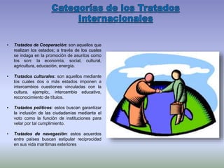• Tratados de Cooperación: son aquellos que
realizan los estados; a través de los cuales
se indaga en la promoción de asuntos como
los son: la economía, social, cultural,
agricultura, educación, energía.
• Tratados culturales: son aquellos mediante
los cuales dos o más estados imponen a
intercambios cuestiones vinculadas con la
cultura. ejemplo;, intercambio educativo,
reconocimiento de títulos.
• Tratados políticos: estos buscan garantizar
la inclusión de las ciudadanías mediante el
voto como la función de instituciones para
velar por tal cumplimiento.
• Tratados de navegación: estos acuerdos
entre países buscan estipular reciprocidad
en sus vida marítimas exteriores
 