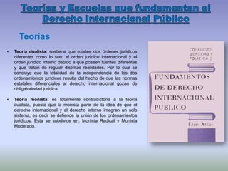 • Teoría dualista: sostiene que existen dos órdenes jurídicos
diferentes como lo son; el orden jurídico internacional y el
orden jurídico interno debido a que poseen fuentes diferentes
y que tratan de regular distintas realidades. Por lo cual se
concluye que la totalidad de la independencia de los dos
ordenamientos jurídicos resulta del hecho de que las normas
estatales diferenciales al derecho internacional gozan de
obligatoriedad jurídica.
• Teoría monista: es totalmente contradictoria a la teoría
dualista, puesto que la monista parte de la idea de que el
derecho internacional y el derecho interno integran un solo
sistema, es decir se defiende la unión de los ordenamientos
jurídicos. Esta se subdivide en: Monista Radical y Monista
Moderado.
Teorías
 