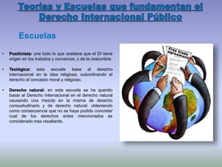 • Positivista: une todo lo que sostiene que el DI tiene
origen en los tratados y convenios, y de la costumbre.
• Teológica: esta escuela basa al derecho
internacional en la idea religiosa, subordinando el
derecho al concepto moral y religioso.
• Derecho natural: en esta escuela se ha querido
basar al Derecho internacional en el derecho natural
causando una mezcla en la misma de derecho
consuetudinario y de derecho natural, obteniendo
como consecuencia que no se haya podido concretar
cual de los derechos antes mencionados es
considerado mas resaltante.
Escuelas
 