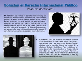 • El dualismo: para los dualistas existen dos sistemas
jurídicos diferentes e individuales, es decir el derecho
internacional rige las relaciones Estado-Estados,
mientras que el derecho interno se ocupa de la
relaciones Estado- Individuos. Para establecer un
norma de derecho internacional en el derecho interno
esta deberá ser transformada en una derecho interno,
esta se lleva a cabo a través del dictamen de dos leyes
como lo son: una ley de aprobación y otra ley
reglamentaria de implementación.
Posturas doctrinales:
• El monismo: las normas de derecho internacional y las
normas de derecho interno conforman un solo sistemas
jurídico, de forma que el derecho interno de un Estado
estaría adjuntado por sus normas de derecho interno,
incluidas las normas de derecho internacional. En el
monismo existen autores que le dan mayor importancia al
derecho interno en vinculación al derecho internacional,
aunque por otro lado existen autores para los cuales el
derecho internacional prevalece sobre el derecho interno.
 