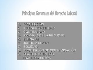 1.1. PROTECCIONPROTECCION
2.2. IRRENUNCIABILIDADIRRENUNCIABILIDAD
3.3. CONTINUIDADCONTINUIDAD
4.4. PRIMACÍA DE LA REALIDADPRIMACÍA DE LA REALIDAD
5.5. BUENA FEBUENA FE
6.6. JUSTICIA SOCIALJUSTICIA SOCIAL
7.7. EQUIDADEQUIDAD
8.8. PROHIBICIÓN DE DISCRIMINACIÓNPROHIBICIÓN DE DISCRIMINACIÓN
9.9. GRATUIDAD EN LOSGRATUIDAD EN LOS
PROCEDIMIENTOSPROCEDIMIENTOS
 
