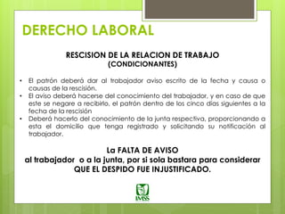 DERECHO LABORAL
RESCISION DE LA RELACION DE TRABAJO
(CONDICIONANTES)
• El patrón deberá dar al trabajador aviso escrito de la fecha y causa o
causas de la rescisión.
• El aviso deberá hacerse del conocimiento del trabajador, y en caso de que
este se negare a recibirlo, el patrón dentro de los cinco días siguientes a la
fecha de la rescisión
• Deberá hacerlo del conocimiento de la junta respectiva, proporcionando a
esta el domicilio que tenga registrado y solicitando su notificación al
trabajador.
La FALTA DE AVISO
al trabajador o a la junta, por si sola bastara para considerar
QUE EL DESPIDO FUE INJUSTIFICADO.
 