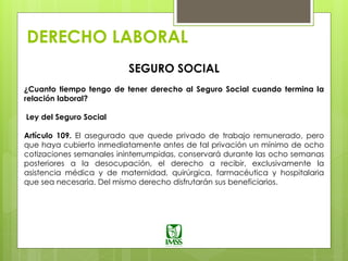 DERECHO LABORAL
SEGURO SOCIAL
¿Cuanto tiempo tengo de tener derecho al Seguro Social cuando termina la
relación laboral?
Ley del Seguro Social
Artículo 109. El asegurado que quede privado de trabajo remunerado, pero
que haya cubierto inmediatamente antes de tal privación un mínimo de ocho
cotizaciones semanales ininterrumpidas, conservará durante las ocho semanas
posteriores a la desocupación, el derecho a recibir, exclusivamente la
asistencia médica y de maternidad, quirúrgica, farmacéutica y hospitalaria
que sea necesaria. Del mismo derecho disfrutarán sus beneficiarios.
 