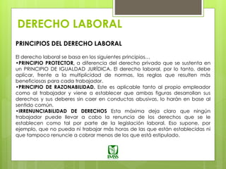 DERECHO LABORAL
PRINCIPIOS DEL DERECHO LABORAL
El derecho laboral se basa en los siguientes principios…
•PRINCIPIO PROTECTOR, a diferencia del derecho privado que se sustenta en
un PRINCIPIO DE IGUALDAD JURÍDICA. El derecho laboral, por lo tanto, debe
aplicar, frente a la multiplicidad de normas, las reglas que resulten más
beneficiosas para cada trabajador.
•PRINCIPIO DE RAZONABILIDAD. Este es aplicable tanto al propio empleador
como al trabajador y viene a establecer que ambas figuras desarrollan sus
derechos y sus deberes sin caer en conductas abusivas, lo harán en base al
sentido común.
•IRRENUNCIABILIDAD DE DERECHOS Esta máxima deja claro que ningún
trabajador puede llevar a cabo la renuncia de los derechos que se le
establecen como tal por parte de la legislación laboral. Eso supone, por
ejemplo, que no pueda ni trabajar más horas de las que están establecidas ni
que tampoco renuncie a cobrar menos de los que está estipulado.
 