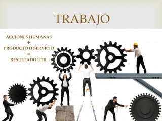 
TRABAJO
ACCIONES HUMANAS
+
PRODUCTO O SERVICIO
=
RESULTADO ÚTIL
 