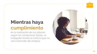 Mientras haya
cumplimiento
en la realización de sus labores
según las condiciones fijadas, el
trabajador tendrá la certeza que no
será removido del empleo
20
 