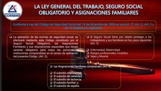 Conforme a Ley del Código de Seguridad Social del 14 de diciembre de 1956 en sus Art. 1º, Art. 2., Art. 3 y
Art. 4 establece lo siguiente:
 La aplicación de las normas de seguridad social, se
efectuará mediante este Código constituido por el
Seguro Social Obligatorio, las Asignaciones
Familiares y sus disposiciones especiales que tienen
carácter obligatorio para todas las personas e
instituciones comprendidas en el campo de aplicación
del presente Código. (Art. 2).
 El Seguro Social tiene por objeto proteger a los
trabajadores y sus familiares en los casos siguientes
(Art. 3).
 Enfermedad; Maternidad;
 Riesgos profesionales; Invalidez;
 Vejez y Muerte.
 Las Asignaciones Familiares comprenden (Art. 4):
 El subsidio matrimonial;
 El subsidio de natalidad;
 El subsidio de lactancia;
 El subsidio familiar; y
 El subsidio de sepelio.
 