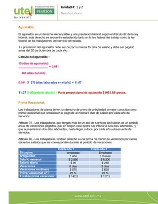 Unidad #: 1 y 2
Derecho Laboral
4
Aguinaldo.
El aguinaldo es un derecho irrenunciable y una prestacion laboral según el Articulo 87 de la ley
federal, este derecho se encuentra establecido tanto en la ley federal del trabajo como la ley
federal de los trabajadores del servicio del estado.
La prestacion del aguinaldo debe ser de por lo menos 15 dias de salario y debe ser pagado
antes del 20 de diciembre de cada año.
Calculo del aguinaldo :
15 (dias de aguinaldo)
___________________ = 0.041
365 (días del año)
0.041 X 270 (días laborados en el año) = 11.07
11.07 X 95(salario diario) = Parte proporcional de aguinaldo $1051.65 pesos.
Prima Vacacional.
Los trabajadores de planta tienen un derecho de prima de antigüedad o mejor conocida como
prima vacacional que consiste en el pago de al menos 6 dias de salario por cada año de
servicios.
Artículo 76.- Los trabajadores que tengan más de un año de servicios disfrutarán de un período
anual de vacaciones pagadas, que en ningún caso podrá ser inferior a seis días laborables, y
que aumentará en dos días laborables, hasta llegar a doce, por cada año subsecuente de
servicios.
Artículo 80.- Los trabajadores tendrán derecho a una prima no menor de veinticinco por ciento
sobre los salarios que les correspondan durante el período de vacaciones
Empleado 1 Empleado 2
Situacion empleado Empleado
Antigüedad 1 año 6 meses
Salario mensual $ 2,850 $ 6,300
Salario diario $ 95 $ 210
Vacaciones 6 dias 3 dias
Vacaciones en dinero $ 570 $ 630
Prima vacacional LFT 25 % 25 %
Total de prima vacacional $ 142.5 $ 157.5
 