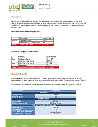 Unidad #: 1 y 2
Derecho Laboral
5
Horas Extra
Art 68. La prolongación del tiempo extraordinario que exceda de nueve horas a la semana,
obliga al patrón a pagar al trabajador el tiempo excedente con un doscientos por ciento más del
salario que corresponda a las horas de la jornada, sin perjuicio de las sanciones establecidas
en esta Ley
Determinacion del salario por hora.
Calculo de pago por horas extra.
Salario integrado
El salario Integrado como su nombre lo inteca es el salario diario que percibimos mas las
prestaciones obligatorias por ley y algunas adicionales como vales de despensa, transporte etc.
Esta puede calcularse de manera muy simple como mostraremos en el siguiente cuadro.
Prestaciones Empleado
situacion
Antigüedad 1 año
Salario diario 95
Prestaciones
Aguinaldo 15 dias
Prima vacacional 25 % de 6 dias
Calculo de salario integrado
dias del año 365 +
15
1.5____
381.5
Aguinaldo
25 % de 6 dias minimos
Total de dias pagados.
Formula sustitucion
Entre Salarios diario $ 95
Horas de la jornada diaria $ 8
igual Costo por hora $ 11.87
Formula sustitucion
Por Costo por hora $11.87
costo por hora extra 200 %
Por Pago por hora extra 23.74
Horas extra 9
igual Monto a integrar por horas extra 213.66
 