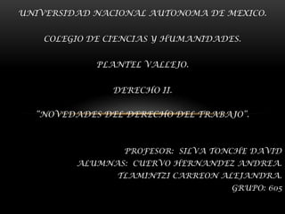 UNIVERSIDAD NACIONAL AUTONOMA DE MEXICO.
COLEGIO DE CIENCIAS Y HUMANIDADES.
PLANTEL VALLEJO.
DERECHO II.
“NOVEDADES DEL DERECHO DEL TRABAJO”.
PROFESOR: SILVA TONCHE DAVID
ALUMNAS: CUERVO HERNANDEZ ANDREA.
TLAMINTZI CARREON ALEJANDRA.
GRUPO: 605
 