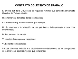 El artículo 391 de la LFT, señala los requisitos mínimos que contendrá el Contrato
Colectivo de Trabajo, siendo:
I.Los nombres y domicilios de los contratantes;
II. Las empresas y establecimientos que abarque;
III. Su duración o la expresión de ser por tiempo indeterminado o para obra
determinada;
IV. Las jornadas de trabajo;
V. Los días de descanso y vacaciones;
VI. El monto de los salarios;
VII. Las cláusulas relativas a la capacitación o adiestramiento de los trabajadores
en la empresa o establecimientos que comprenda;
CONTRATO COLECTIVO DE TRABAJO
 
