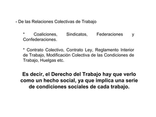 Es decir, el Derecho del Trabajo hay que verlo
como un hecho social, ya que implica una serie
de condiciones sociales de cada trabajo.
- De las Relaciones Colectivas de Trabajo
* Coaliciones, Sindicatos, Federaciones y
Confederaciones.
* Contrato Colectivo, Contrato Ley, Reglamento Interior
de Trabajo, Modificación Colectiva de las Condiciones de
Trabajo, Huelgas etc.
 