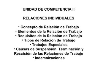 UNIDAD DE COMPETENCIA II
RELACIONES INDIVIDUALES
• Concepto de Relación de Trabajo
• Elementos de la Relación de Trabajo
• Requisitos de la Relación de Trabajo
• Tipos de Relación de Trabajo
• Trabajos Especiales
• Causas de Suspensión, Terminación y
Rescisión de las Relaciones de Trabajo
• Indemnizaciones
 