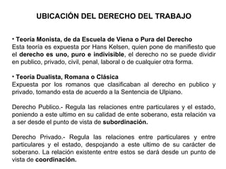UBICACIÓN DEL DERECHO DEL TRABAJO
• Teoría Monista, de da Escuela de Viena o Pura del Derecho
Esta teoría es expuesta por Hans Kelsen, quien pone de manifiesto que
el derecho es uno, puro e indivisible, el derecho no se puede dividir
en publico, privado, civil, penal, laboral o de cualquier otra forma.
• Teoría Dualista, Romana o Clásica
Expuesta por los romanos que clasificaban al derecho en publico y
privado, tomando esta de acuerdo a la Sentencia de Ulpiano.
Derecho Publico.- Regula las relaciones entre particulares y el estado,
poniendo a este ultimo en su calidad de ente soberano, esta relación va
a ser desde el punto de vista de subordinación.
Derecho Privado.- Regula las relaciones entre particulares y entre
particulares y el estado, despojando a este ultimo de su carácter de
soberano. La relación existente entre estos se dará desde un punto de
vista de coordinación.
 