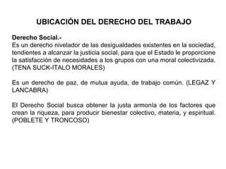 UBICACIÓN DEL DERECHO DEL TRABAJO
Derecho Social.-
Es un derecho nivelador de las desigualdades existentes en la sociedad,
tendientes a alcanzar la justicia social, para que el Estado le proporcione
la satisfacción de necesidades a los grupos con una moral colectivizada.
(TENA SUCK-ITALO MORALES)
Es un derecho de paz, de mutua ayuda, de trabajo común. (LEGAZ Y
LANCABRA)
El Derecho Social busca obtener la justa armonía de los factores que
crean la riqueza, para producir bienestar colectivo, materia, y espiritual.
(POBLETE Y TRONCOSO)
 