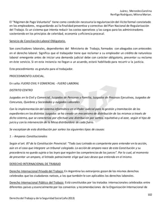 Juárez, MercedesCarolina
Renfige Rodríguez,MilenaMarian.
102
Derechodel Trabajoy de la SeguridadSocial (año2013)
El “Régimen de Pago Voluntario” tiene como condición necesaria la regularización del ilícito formal constatado
en los empleadores, resguardando así la finalidad preventiva y correctiva del Plan Nacional de Regularización
del Trabajo. Es un sistema que intenta reducir los costos operativos y las cargas para los administradores
sosteniendo en los principios de celeridad, economía y eficiencia procesal.
Servicio de Conciliación Laboral Obligatorio.
Son conciliadores laborales, dependientes del Ministerio de Trabajo, formados con abogados con antecedes
en el derecho laboral. Significa que el trabajador tiene que reclamar a su empleador un crédito de naturaleza
laboral emergente antes de iniciar una demanda judicial debe con carácter obligatorio, presentar su reclamo
en éste servicio. Si en esta instancia no llegan a un acuerdo, estará habilitado para recurrir a la justicia.
Este procedimiento es gratuito para el trabajador.
PROCEDIMIENTO JUDICIAL.
En salta: FUERO CIVIL Y COMERCIAL - FUERO LABORAL
DISTRITO CENTRO
Juzgados en lo Civil y Comercial, Juzgados de Personas y Familia, Juzgados de Procesos Ejecutivos, Juzgados de
Concursos, Quiebras y Sociedades y Juzgados Laborales
Con la implementación del sistema informático en el Poder Judicial para la gestión y tramitación de los
expedientes en los distintos Juzgados se ha creado un mecanismo de distribución de los mismos a través de
dicho sistema, que se caracteriza por efectuar una distribución por sorteo, equitativa y al azar, según el tipo de
juicio y con la intervención de la Mesa distribuidora de cada fuero.
Se exceptúan de esta distribución por sorteo los siguientes tipos de causas:
1 .- Amparos Constitucionales
Según el art. 87 de la Constitución Provincial: “Todo Juez Letrado es competente para entender en la acción,
aún en el caso que integrare un tribunal colegiado. La acción de amparo nace de esta Constitución y su
procedencia no queda sujeta a las leyes que regulen las competencias de los jueces”. Por lo cual, al momento
de presentar un amparo, el letrado patrocinante elige qué Juez desea que entienda en el mismo.
DERECHO INTERNACIONAL DE TRABAJO
Derecho Internacional Privado del Trabajo: En Argentina las extranjeros gozan de los mismos derechos
celebrados que los ciudadanos nativos, a los que también le son aplicables los derechos laborales.
Derecho Internacional Público del Trabajo: Está constituidos por los tratados internacionales celebrados entre
diferentes países y esencialmente por los convenios y recomendaciones de la Organización Internacional de
 