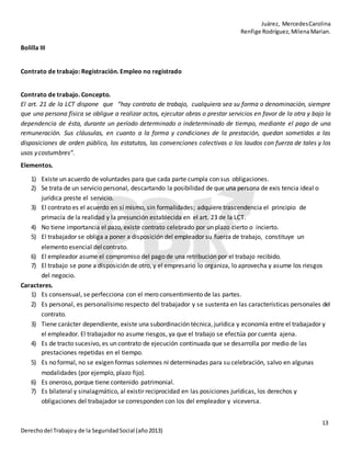 Juárez, MercedesCarolina
Renfige Rodríguez,MilenaMarian.
13
Derechodel Trabajoy de la SeguridadSocial (año2013)
Bolilla III
Contrato de trabajo: Registración. Empleo no registrado
Contrato de trabajo. Concepto.
El art. 21 de la LCT dispone que “hay contrato de trabajo, cualquiera sea su forma o denominación, siempre
que una persona física se obligue a realizar actos, ejecutar obras o prestar servicios en favor de la otra y bajo la
dependencia de ésta, durante un período determinado o indeterminado de tiempo, mediante el pago de una
remuneración. Sus cláusulas, en cuanto a la forma y condiciones de la prestación, quedan sometidas a las
disposiciones de orden público, los estatutos, las convenciones colectivas o los laudos con fuerza de tales y los
usos ycostumbres”.
Elementos.
1) Existe un acuerdo de voluntades para que cada parte cumpla con sus obligaciones.
2) Se trata de un servicio personal, descartando la posibilidad de que una persona de exis tencia ideal o
jurídica preste el servicio.
3) El contrato es el acuerdo en sí mismo, sin formalidades; adquiere trascendencia el principio de
primacía de la realidad y la presunción establecida en el art. 23 de la LCT.
4) No tiene importancia el pazo, existe contrato celebrado por un plazo cierto o incierto.
5) El trabajador se obliga a poner a disposición del empleador su fuerza de trabajo, constituye un
elemento esencial delcontrato.
6) El empleador asume el compromiso del pago de una retribución por el trabajo recibido.
7) El trabajo se pone a disposición de otro, y el empresario lo organiza, lo aprovecha y asume los riesgos
del negocio.
Caracteres.
1) Es consensual, se perfecciona con el mero consentimiento de las partes.
2) Es personal, es personalísimo respecto del trabajador y se sustenta en las características personales del
contrato.
3) Tiene carácter dependiente, existe una subordinación técnica, jurídica y economía entre el trabajador y
el empleador. El trabajador no asume riesgos, ya que el trabajo se efectúa por cuenta ajena.
4) Es de tracto sucesivo, es un contrato de ejecución continuada que se desarrolla por medio de las
prestaciones repetidas en el tiempo.
5) Es no formal, no se exigen formas solemnes ni determinadas para su celebración, salvo en algunas
modalidades (por ejemplo, plazo fijo).
6) Es oneroso, porque tiene contenido patrimonial.
7) Es bilateral y sinalagmático, al existir reciprocidad en las posiciones jurídicas, los derechos y
obligaciones del trabajador se corresponden con los del empleador y viceversa.
 