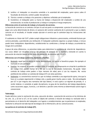 Juárez, MercedesCarolina
Renfige Rodríguez,MilenaMarian.
15
Derechodel Trabajoy de la SeguridadSocial (año2013)
1) Jurídico: el trabajador se encuentra sometido a la autoridad del empleador, quien ejerce sobre él
facultades de dirección, control y poder disciplinario.
2) Técnico: somete su trabajo a los pareceres y objetivos señalados por el empleador.
3) Económico: el trabajador pone su fuerza de trabajo a disposición del empleador a cambio de una
remuneración; no recibe el producto de su trabajo ni comparte el riesgo empresario.
Diferencias entre el contrato de trabajo y la locación de servicios.
La locación de servicios es un contrato civil por el cual una parte se compromete a prestar el servicio y la otra a
pagar una suma determinada de dinero; sin perjuicio del carácter autónomo de la prestación y que su objeto
consiste en el resultado, el locador acepta ejecutar el servicio que le contratan bajo las instrucciones del
locatario.
El autónomo es titular del CUIT y debe cumplir obligaciones tributarias y previsionales, emitiendo facturas por
servicio prestado, y percibiendo una retribución. El trabajador autónomo organiza su propio trabajo, e incluso
puede tener trabajadores dependientes, estableciendo las condiciones y tiempo de trabajo y asumiendo los
riesgos de la actividad.
A pesar de estas diferencias, se presentan dudas para determinar la existencia de relación de dependencia.
Los casos deben ser resueltos a la luz del principio de primacía de la realidad y tomando en cuenta la
presunción de relación laboral en los casos de prestación de servicios (art. 23 LCT).
Diferencias con el trabajo autónomo, benévolo y familiar.
 Benévolo: aquel que se presta en forma desinteresada, sin buscar el beneficio propio. Por ejemplo: el
realizado en una parroquia.
 Familiar: los esposos no pueden celebrar entre sí contratos de compraventa en virtud de la prohibición
del Código Civil, pueden formar SA y SRL por la Ley de Sociedades Comerciales. No puede haber
contrato de trabajo entre padres e hijos menores de edad, pero sí con los mayores. No existe
prohibición de celebrar un contrato de trabajo (CT) con otros parientes.
 Autónomo: su característica esencial es que no trabaja sometido a una organización ajena, sino que lo
hace en su propia organización o trabaja solo, y puede ganar mucho, poco o nada. No está protegido
por LCT ni por ninguna otra normativa del tipo laboral, ni está sujeto a un régimen de jornada, ni a
recibir órdenes ni sometido al poder disciplinario; no goza de los beneficios del trabajo dependiente,
como vacaciones pagas, licencias, o el derecho a percibir como mínimo un determinado salario legal o
convencional.
Teletrabajo.
Puede definirse como la realización de actos, ejecución de obras o prestación de servicios en los términos de
los arts. 21, y 22 de la LCT, en los cuales el objeto del contrato o relación de trabajo es realizado total o
parcialmente en el domicilio del trabajador o en lugares o establecimientos que no pertenecen al empleador,
mediante la utilización de todo tipo de tecnologías de la información y de las comunicaciones.
Las partes en el contrato de trabajo (CT).
 