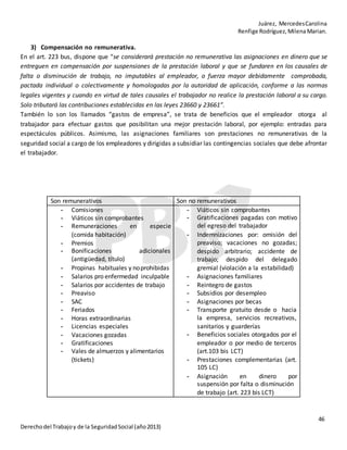 Juárez, MercedesCarolina
Renfige Rodríguez,MilenaMarian.
46
Derechodel Trabajoy de la SeguridadSocial (año2013)
3) Compensación no remunerativa.
En el art. 223 bus, dispone que “se considerará prestación no remunerativa las asignaciones en dinero que se
entreguen en compensación por suspensiones de la prestación laboral y que se fundaren en los causales de
falta o disminución de trabajo, no imputables al empleador, o fuerza mayor debidamente comprobada,
pactada individual o colectivamente y homologadas por la autoridad de aplicación, conforme a las normas
legales vigentes y cuando en virtud de tales causales el trabajador no realice la prestación laboral a su cargo.
Solo tributará las contribuciones establecidas en las leyes 23660 y 23661”.
También lo son los llamados “gastos de empresa”, se trata de beneficios que el empleador otorga al
trabajador para efectuar gastos que posibilitan una mejor prestación laboral, por ejemplo: entradas para
espectáculos públicos. Asimismo, las asignaciones familiares son prestaciones no remunerativas de la
seguridad social a cargo de los empleadores y dirigidas a subsidiar las contingencias sociales que debe afrontar
el trabajador.
Son remunerativos Son no remunerativos
- Comisiones
- Viáticos sin comprobantes
- Remuneraciones en especie
(comida habitación)
- Premios
- Bonificaciones adicionales
(antigüedad, título)
- Propinas habituales y noprohibidas
- Salarios pro enfermedad inculpable
- Salarios por accidentes de trabajo
- Preaviso
- SAC
- Feriados
- Horas extraordinarias
- Licencias especiales
- Vacaciones gozadas
- Gratificaciones
- Vales de almuerzos y alimentarios
(tickets)
- Viáticos sin comprobantes
- Gratificaciones pagadas con motivo
del egreso del trabajador
- Indemnizaciones por: omisión del
preaviso; vacaciones no gozadas;
despido arbitrario; accidente de
trabajo; despido del delegado
gremial (violación a la estabilidad)
- Asignaciones familiares
- Reintegro de gastos
- Subsidios por desempleo
- Asignaciones por becas
- Transporte gratuito desde o hacia
la empresa, servicios recreativos,
sanitarios y guarderías
- Beneficios sociales otorgados por el
empleador o por medio de terceros
(art.103 bis LCT)
- Prestaciones complementarias (art.
105 LC)
- Asignación en dinero por
suspensión por falta o disminución
de trabajo (art. 223 bis LCT)
 