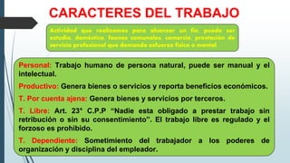CARACTERES DEL TRABAJO
Actividad que realizamos para alcanzar un fin, puede ser
estudio, doméstico, faenas comunales, comercio, prestación de
servicio profesional que demanda esfuerzo físico o mental.
Personal: Trabajo humano de persona natural, puede ser manual y el
intelectual.
Productivo: Genera bienes o servicios y reporta beneficios económicos.
T. Por cuenta ajena: Genera bienes y servicios por terceros.
T. Libre: Art. 23° C.P.P “Nadie esta obligado a prestar trabajo sin
retribución o sin su consentimiento”. El trabajo libre es regulado y el
forzoso es prohibido.
T. Dependiente: Sometimiento del trabajador a los poderes de
organización y disciplina del empleador.
 
